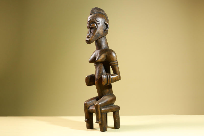 African Baule Seated Female Statue Tribal Wood Carving Côte d’Ivoire West Africa Fertility Ancestral Art Sculpture Home Decor-G5814