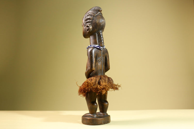 African Baule Female Statue Tribal Wood Carving with Beads Côte d’Ivoire West Africa Fertility Ancestral Sculpture Home Decor-G5815