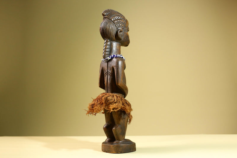 African Baule Female Statue Tribal Wood Carving with Beads Côte d’Ivoire West Africa Fertility Ancestral Sculpture Home Decor-G5815