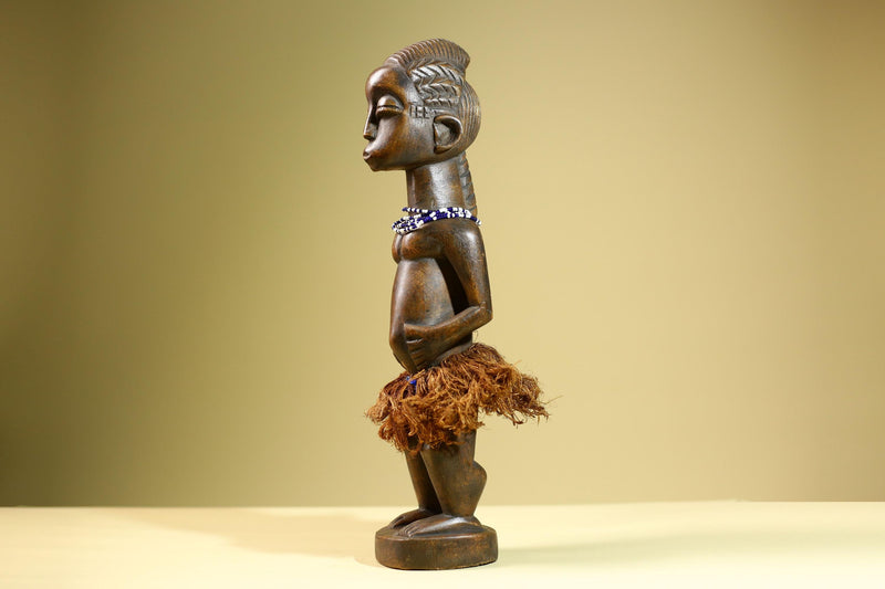 African Baule Female Statue Tribal Wood Carving with Beads Côte d’Ivoire West Africa Fertility Ancestral Sculpture Home Decor-G5815
