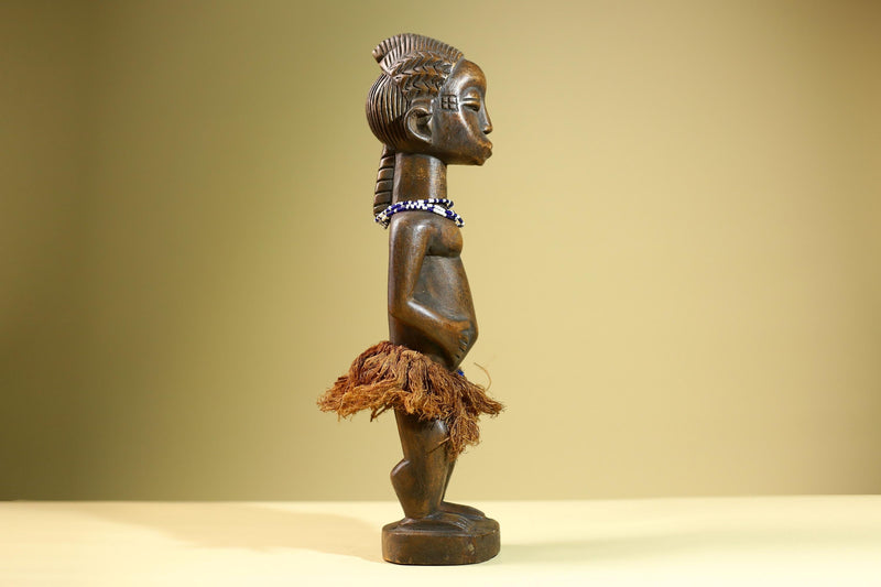 African Baule Female Statue Tribal Wood Carving with Beads Côte d’Ivoire West Africa Fertility Ancestral Sculpture Home Decor-G5815