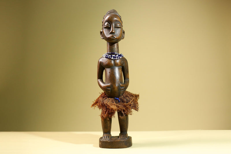 African Baule Female Statue Tribal Wood Carving with Beads Côte d’Ivoire West Africa Fertility Ancestral Sculpture Home Decor-G5815