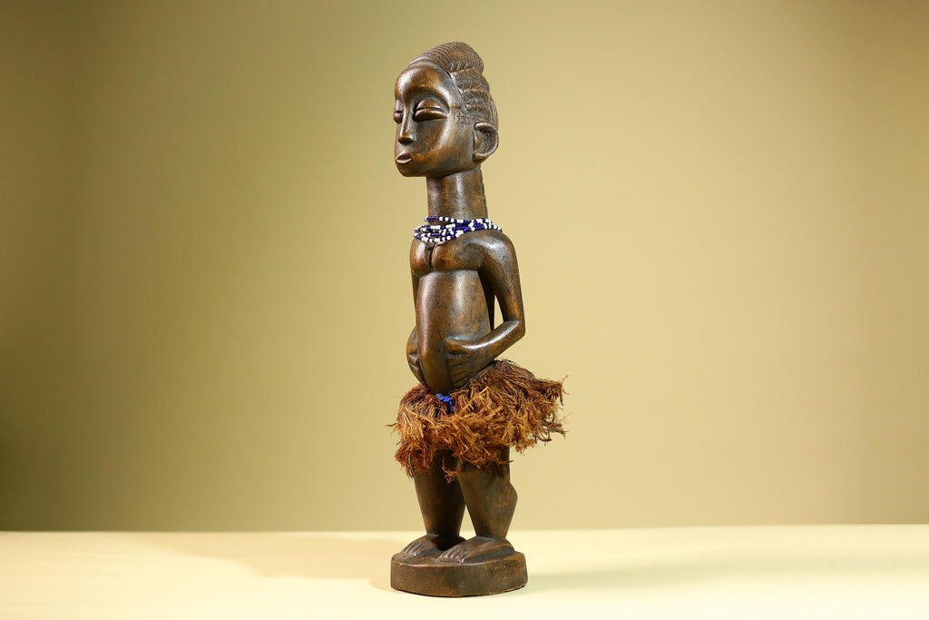 African Baule Female Statue Tribal Wood Carving with Beads Côte d’Ivoire West Africa Fertility Ancestral Sculpture Home Decor-G5815