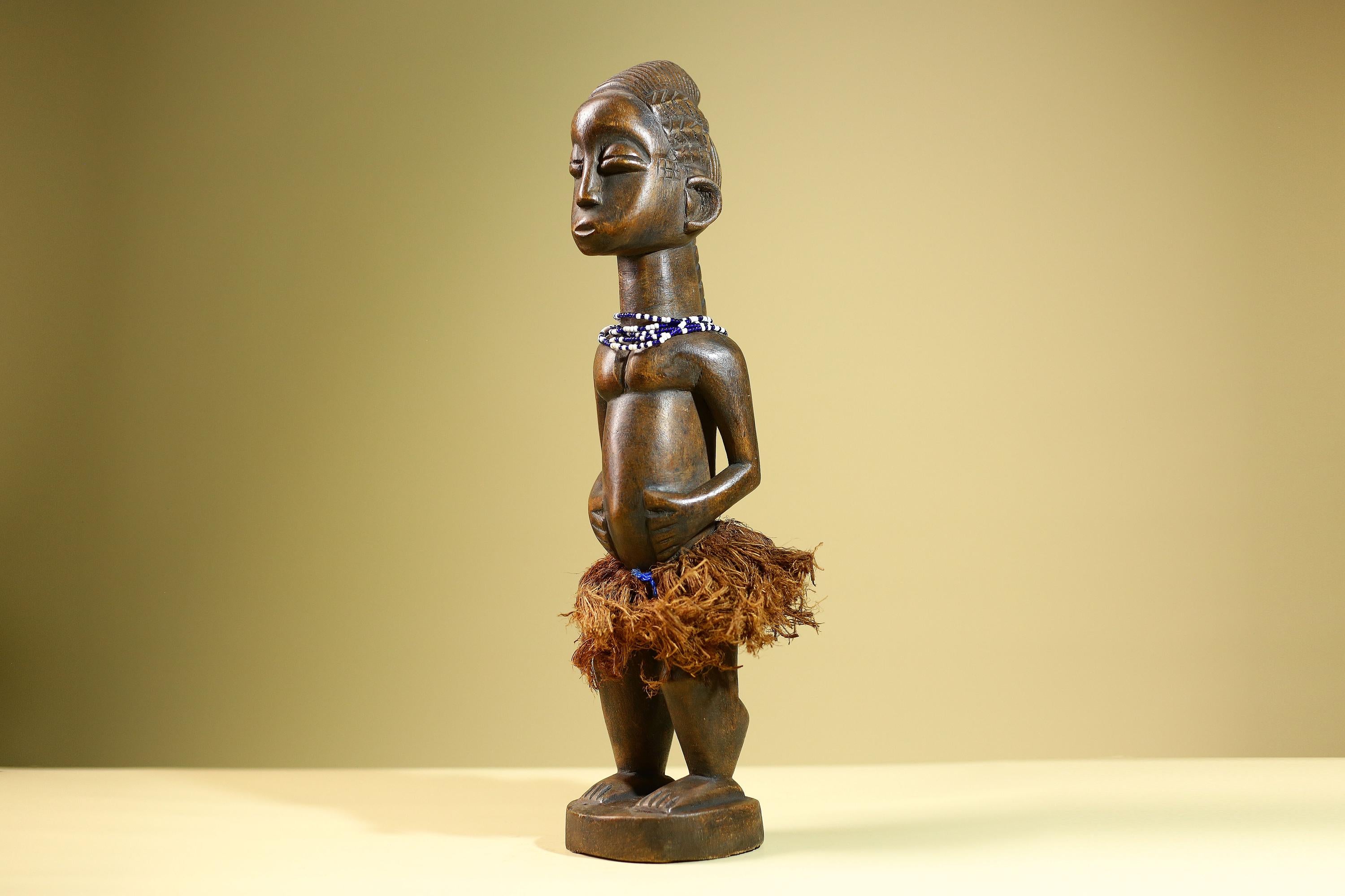 African Baule Female Statue Tribal Wood Carving with Beads Côte d’Ivoire West Africa Fertility Ancestral Sculpture Home Decor-G5815