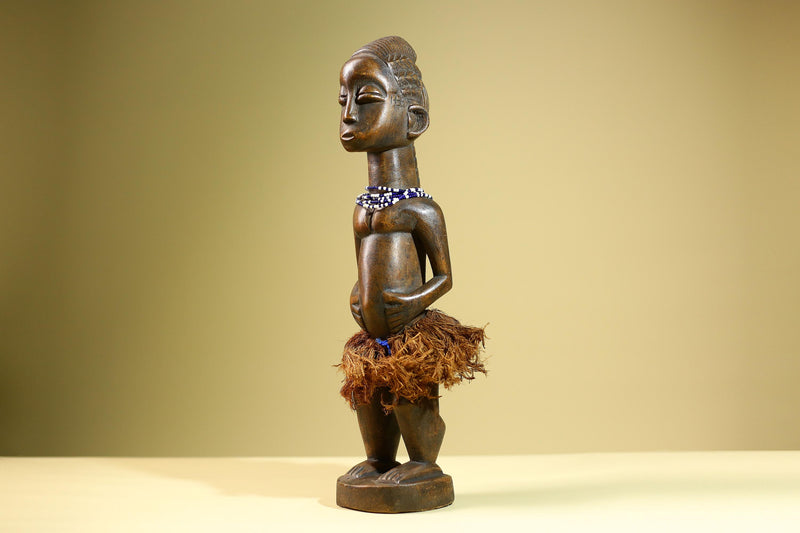African Baule Female Statue Tribal Wood Carving with Beads Côte d’Ivoire West Africa Fertility Ancestral Sculpture Home Decor-G5815
