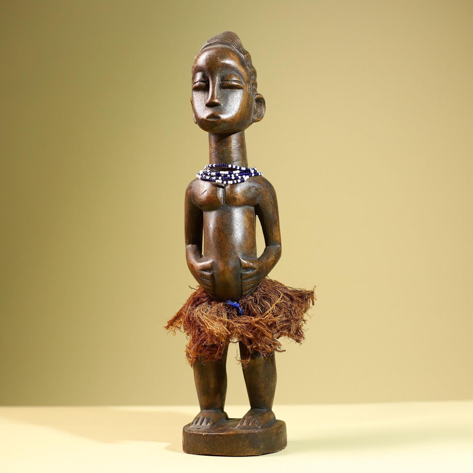 African Baule Female Statue Tribal Wood Carving with Beads Côte d’Ivoire West Africa Fertility Ancestral Sculpture Home Decor-G5815