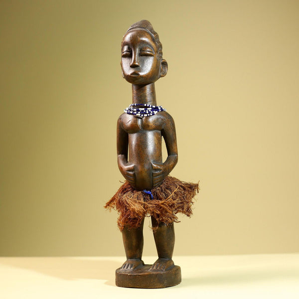 African Baule Female Statue Tribal Wood Carving with Beads Côte d’Ivoire West Africa Fertility Ancestral Sculpture Home Decor-G5815