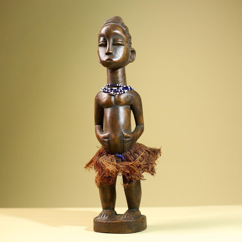African Baule Female Statue Tribal Wood Carving with Beads Côte d’Ivoire West Africa Fertility Ancestral Sculpture Home Decor-G5815