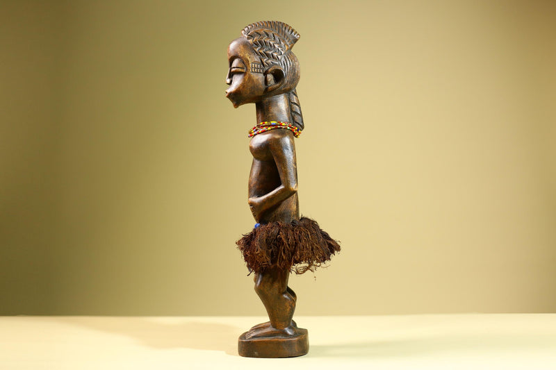 African Baule Female Statue Tribal Wood Carving with Raffia and Beads Côte d’Ivoire West Africa Fertility Ancestral Art Sculpture-G5816