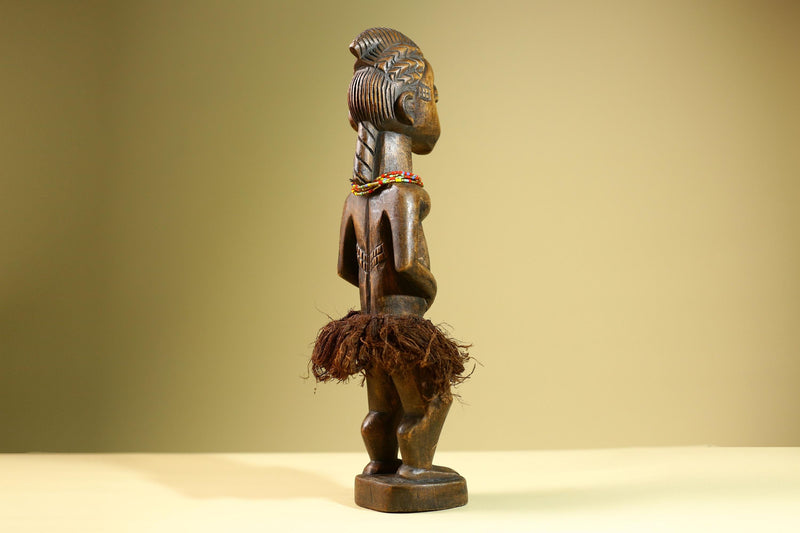 African Baule Female Statue Tribal Wood Carving with Raffia and Beads Côte d’Ivoire West Africa Fertility Ancestral Art Sculpture-G5816