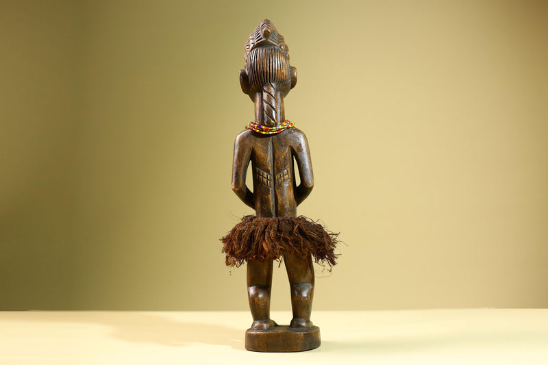 African Baule Female Statue Tribal Wood Carving with Raffia and Beads Côte d’Ivoire West Africa Fertility Ancestral Art Sculpture-G5816