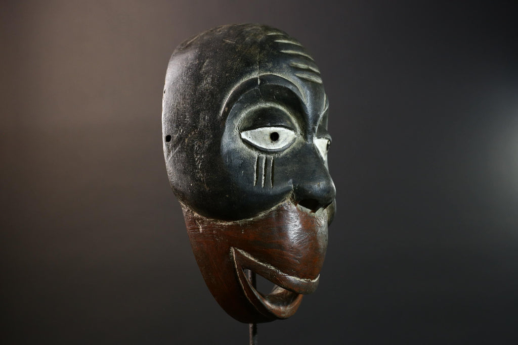 African Dan Tribal Mask Hand Carved Wood Face Black Red Brown Scarification Lines Traditional West African Wall Art Decor-G5771