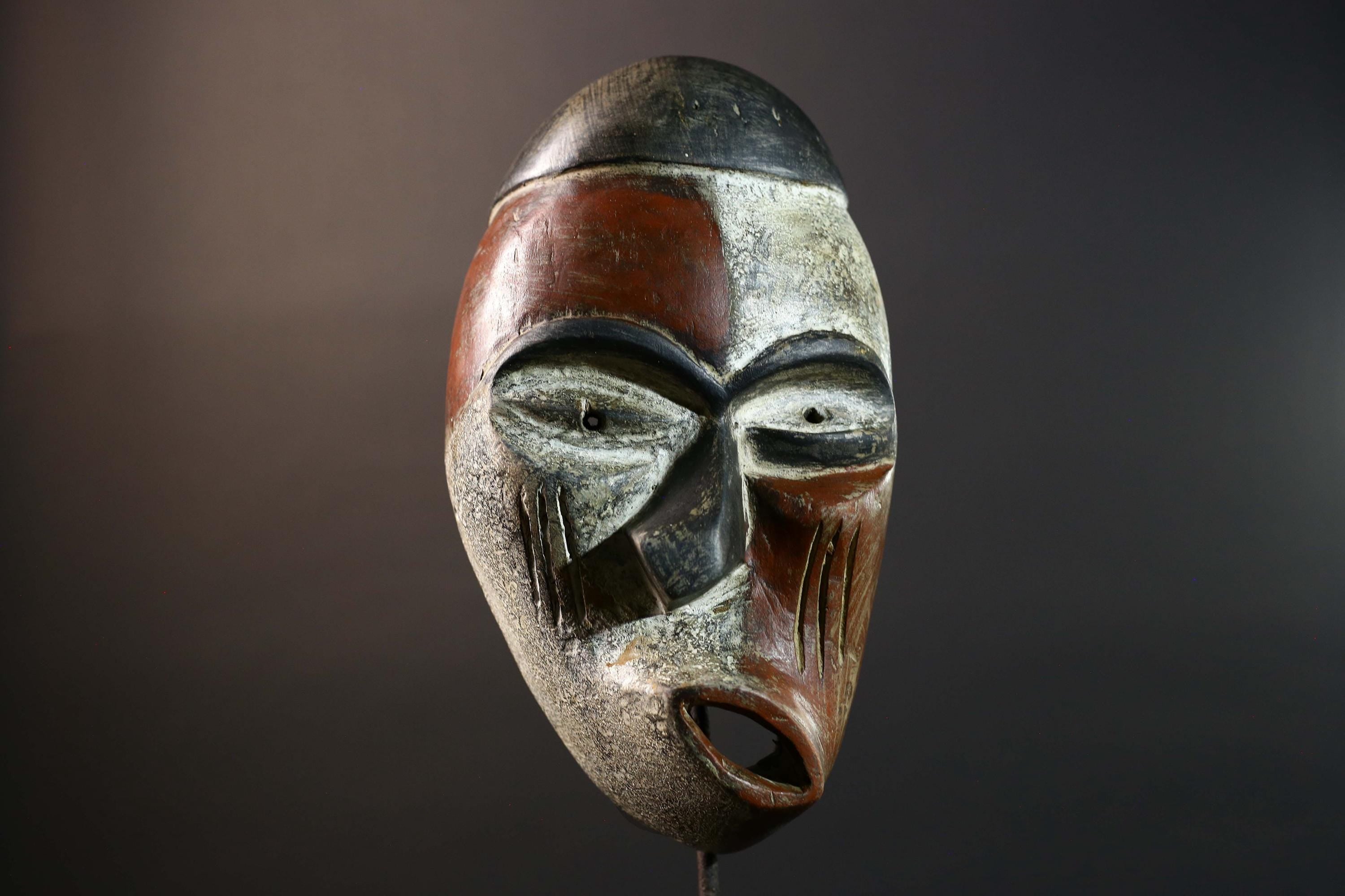 African Kumu Tribal Mask Carved Wood Congo Vintage Ritual Face Art Decor Handcrafted Wall Hanging Cultural Home Interior Accent-G5774