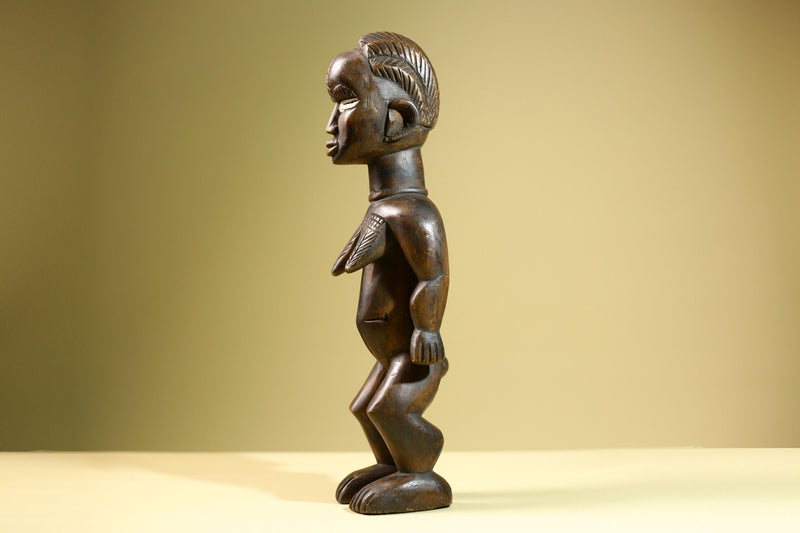 Hand Carved Vintage Baule Statue: Tribal Female Wood Figure Côte d’Ivoire-G5817