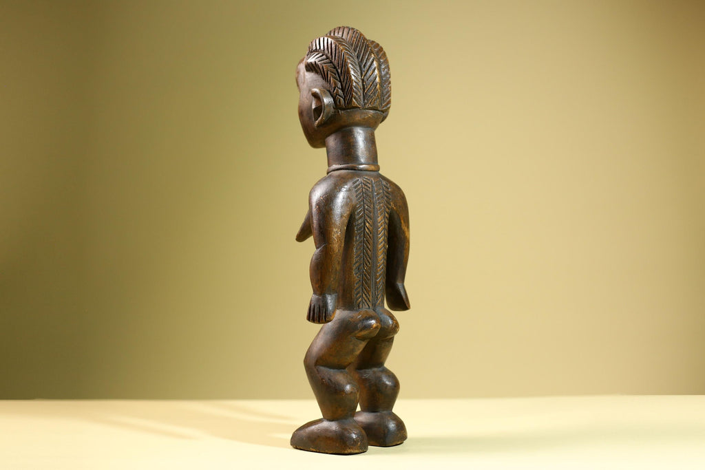 Hand Carved Vintage Baule Statue: Tribal Female Wood Figure Côte d’Ivoire-G5817