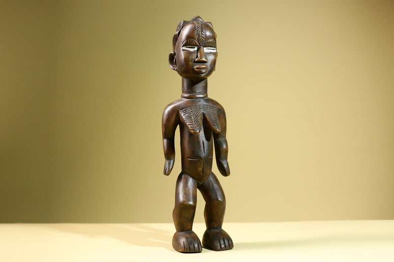Hand Carved Vintage Baule Statue: Tribal Female Wood Figure Côte d’Ivoire-G5817
