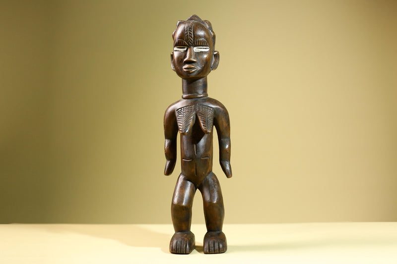 Hand Carved Vintage Baule Statue: Tribal Female Wood Figure Côte d’Ivoire-G5817