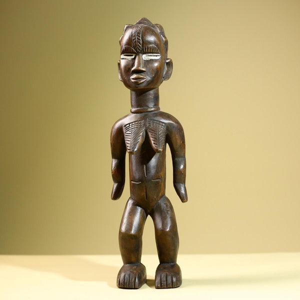 Hand Carved Vintage Baule Statue: Tribal Female Wood Figure Côte d’Ivoire-G5817