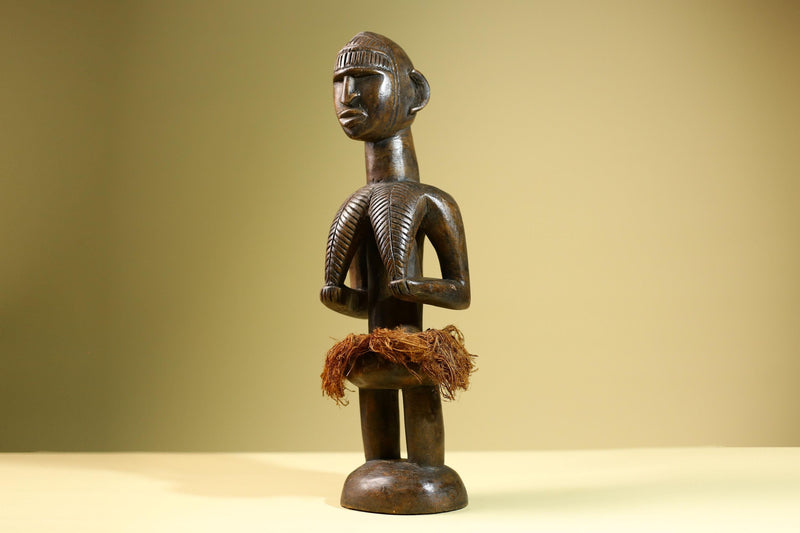 Hand Carved Vintage African Baule Statue Tribal Wood Figure with Raffia Skirt-G5818