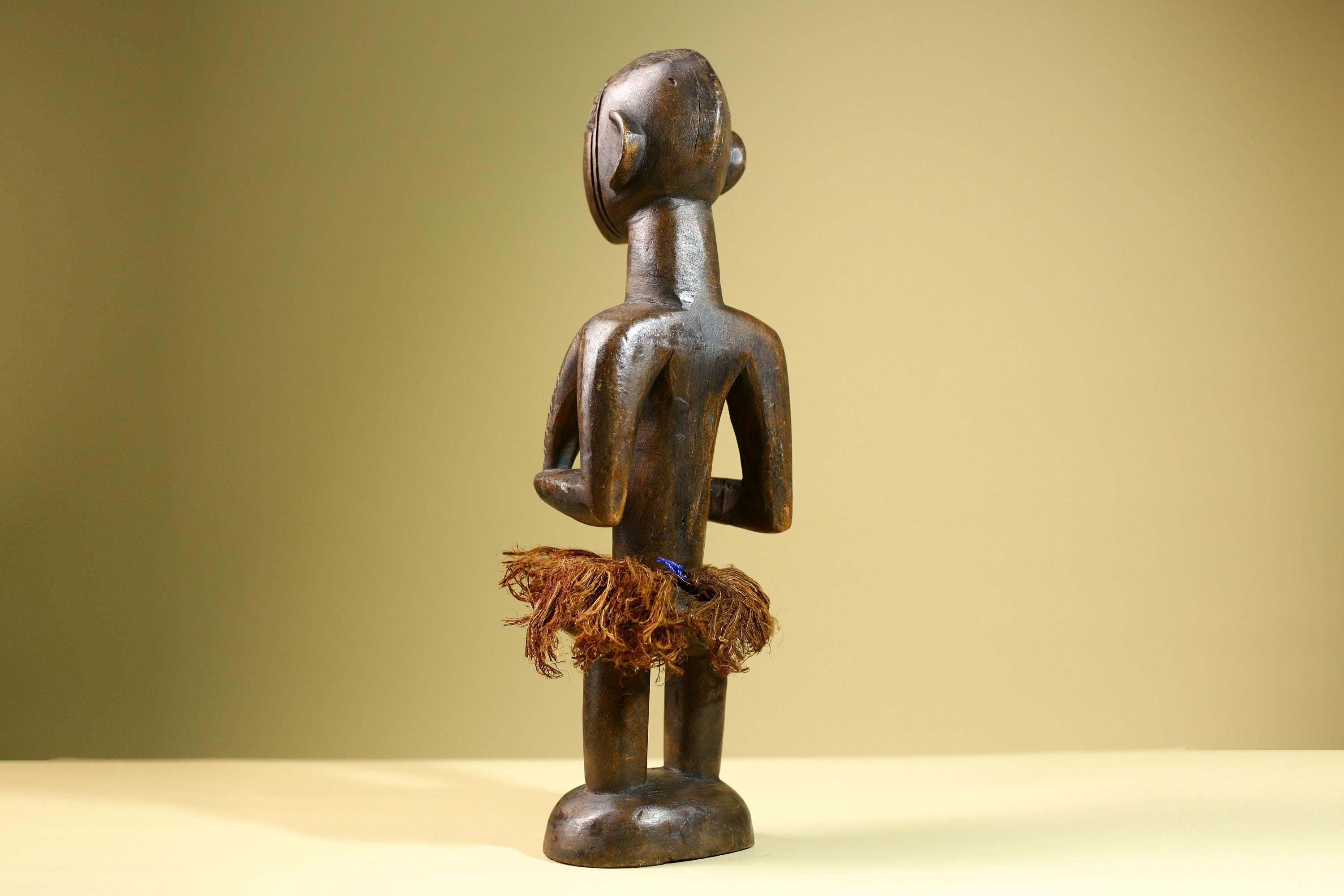Hand Carved Vintage African Baule Statue Tribal Wood Figure with Raffia Skirt-G5818