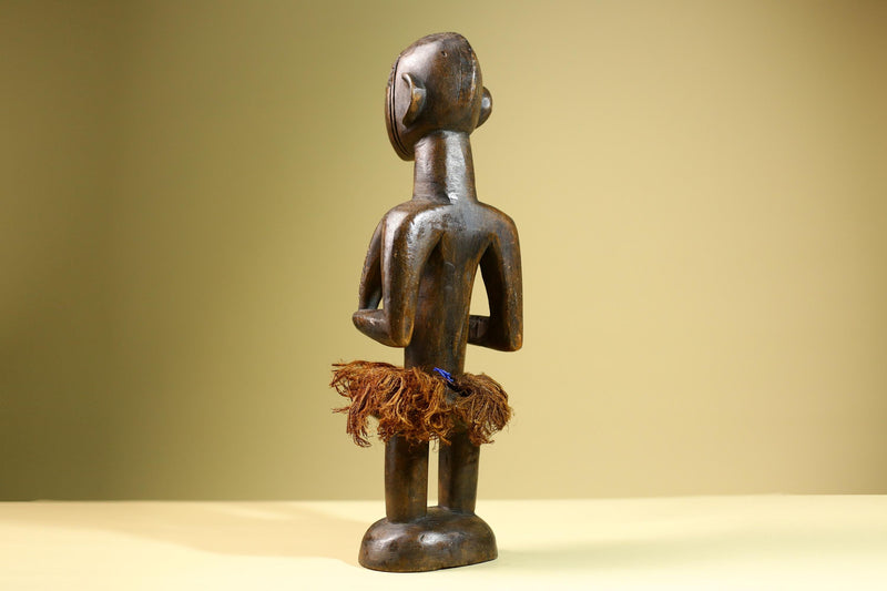 Hand Carved Vintage African Baule Statue Tribal Wood Figure with Raffia Skirt-G5818