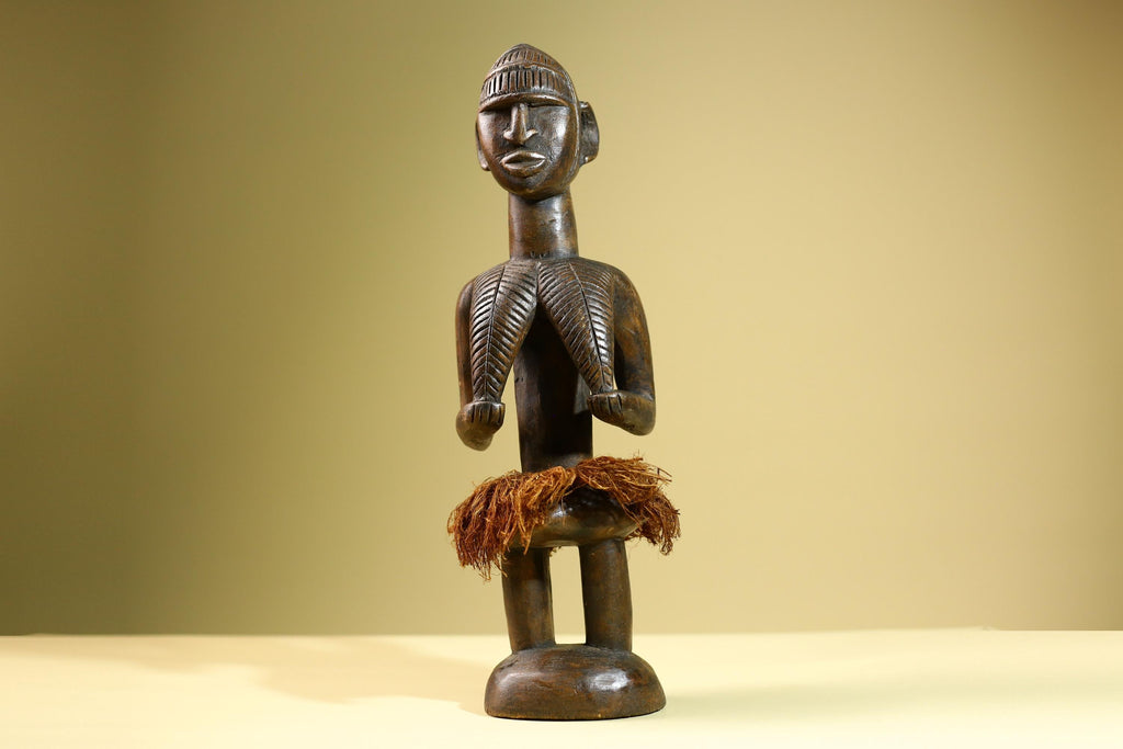 Hand Carved Vintage African Baule Statue Tribal Wood Figure with Raffia Skirt-G5818