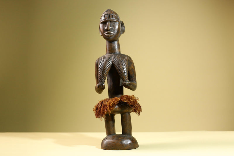 Hand Carved Vintage African Baule Statue Tribal Wood Figure with Raffia Skirt-G5818