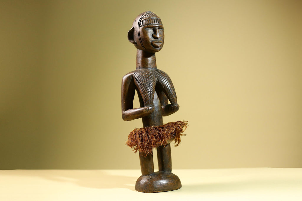 Hand Carved Vintage African Baule Statue Tribal Wood Figure with Raffia Skirt-G5818