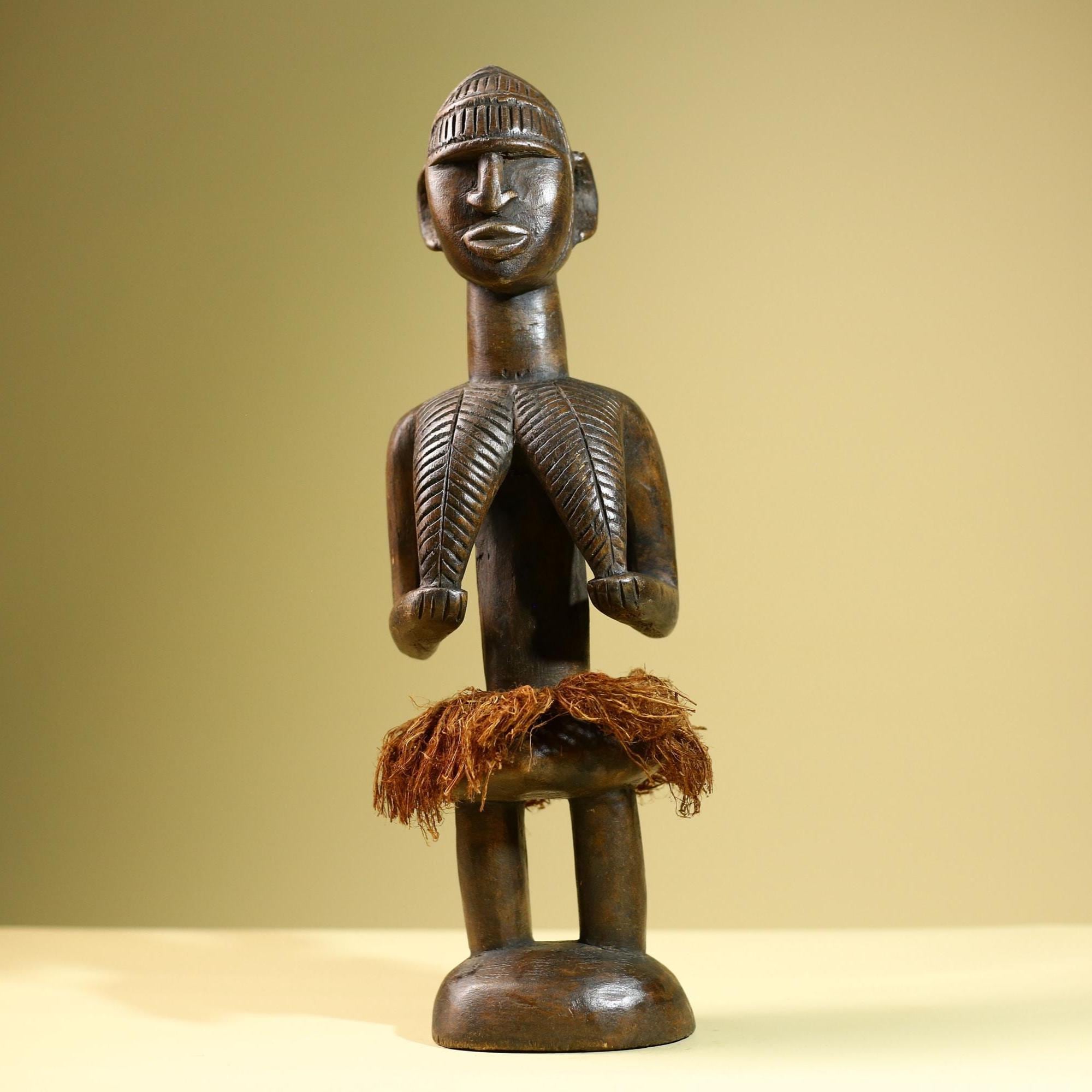 Hand Carved Vintage African Baule Statue Tribal Wood Figure with Raffia Skirt-G5818