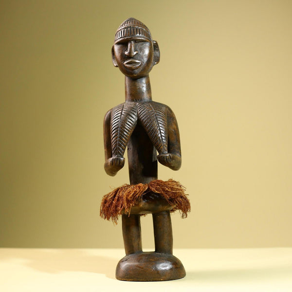 Hand Carved Vintage African Baule Statue Tribal Wood Figure with Raffia Skirt-G5818