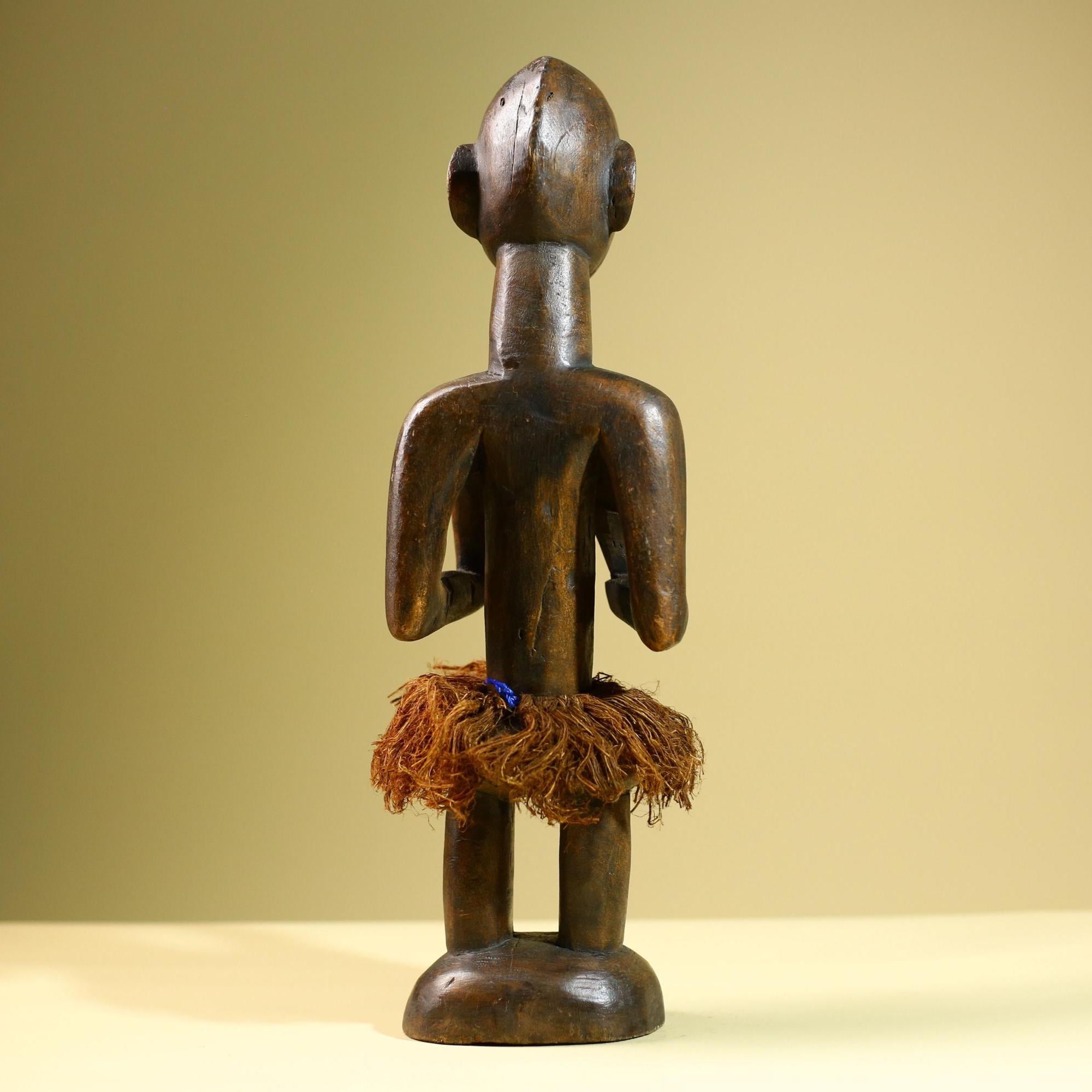 Hand Carved Vintage African Baule Statue Tribal Wood Figure with Raffia Skirt-G5818