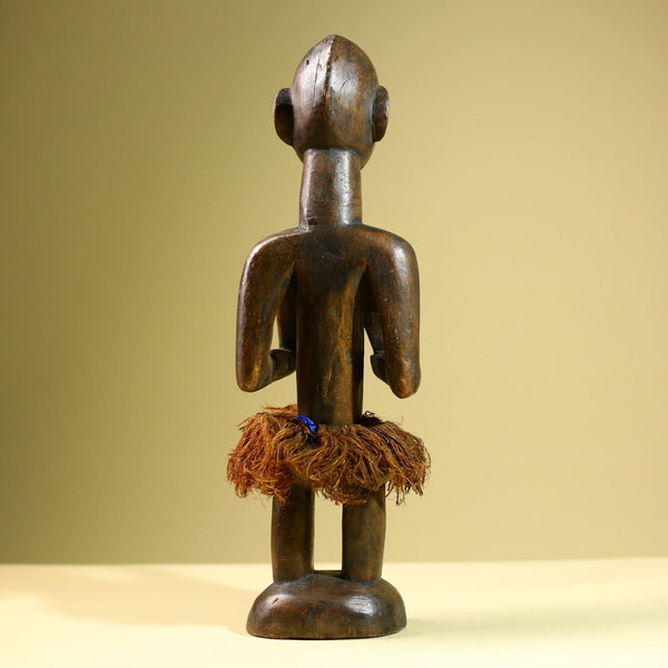 Hand Carved Vintage African Baule Statue Tribal Wood Figure with Raffia Skirt-G5818