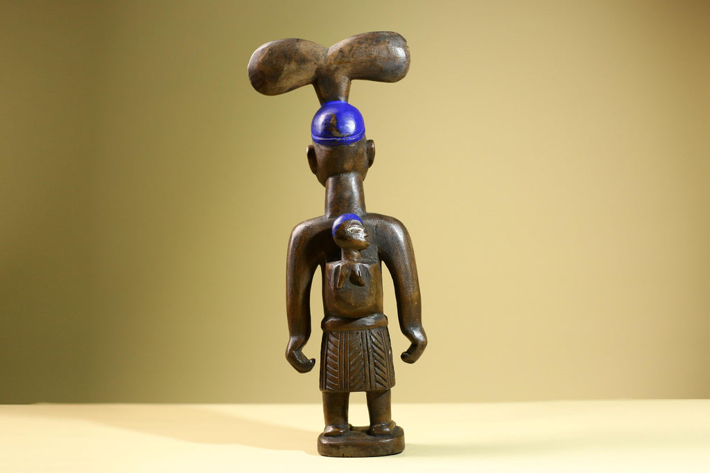 African Baule Mother-Child Statue Wood Figure Tribal Art with Blue Headdress-G5819