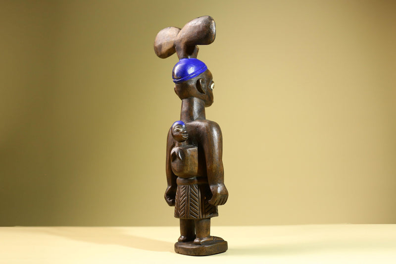 African Baule Mother-Child Statue Wood Figure Tribal Art with Blue Headdress-G5819