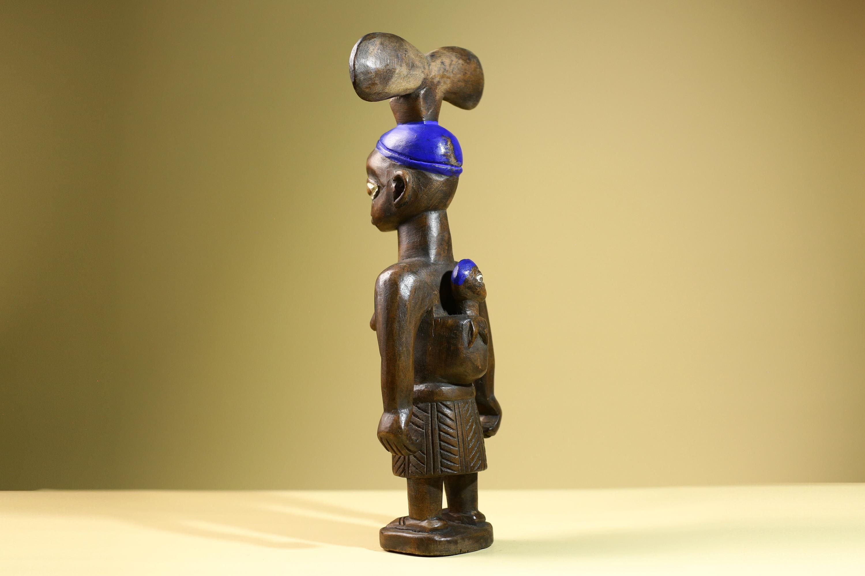 African Baule Mother-Child Statue Wood Figure Tribal Art with Blue Headdress-G5819