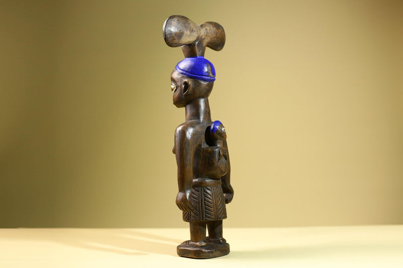 African Baule Mother-Child Statue Wood Figure Tribal Art with Blue Headdress-G5819