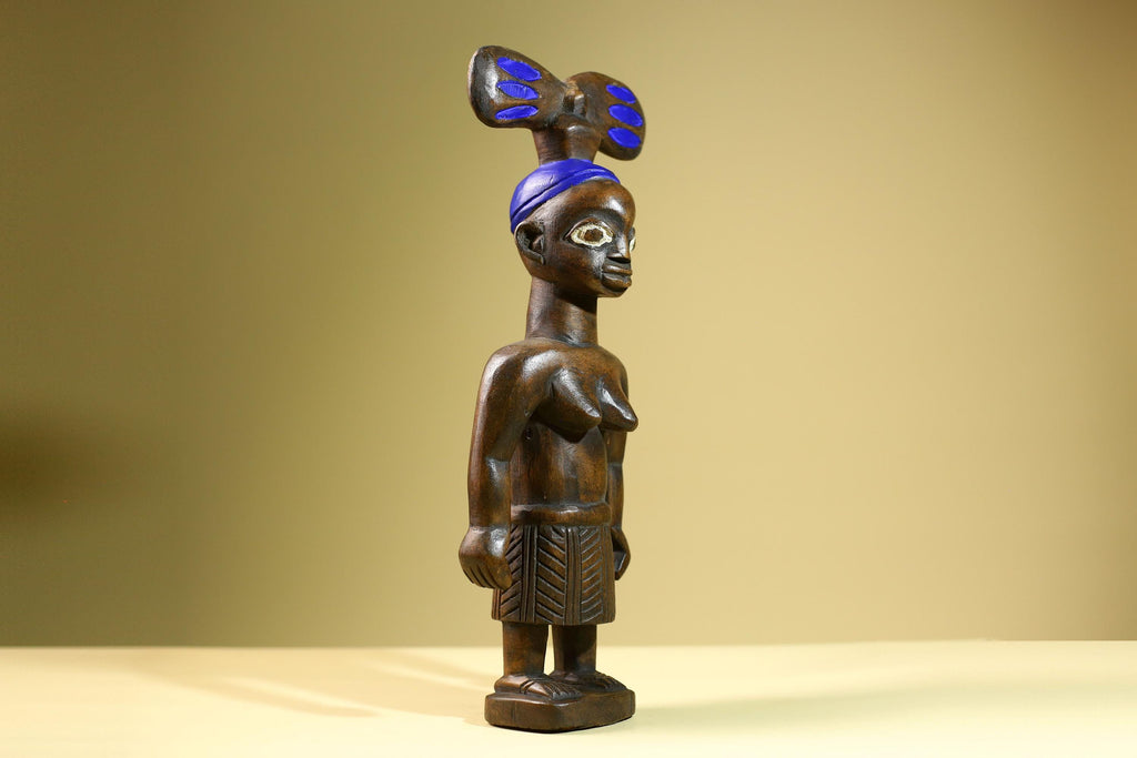 African Baule Mother-Child Statue Wood Figure Tribal Art with Blue Headdress-G5819