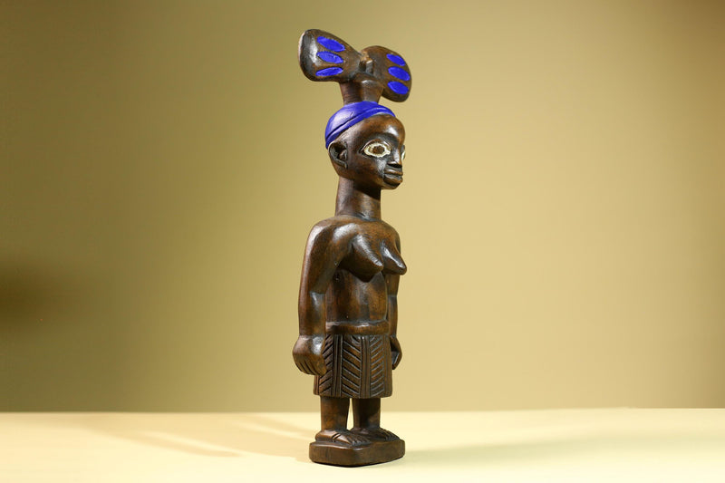 African Baule Mother-Child Statue Wood Figure Tribal Art with Blue Headdress-G5819