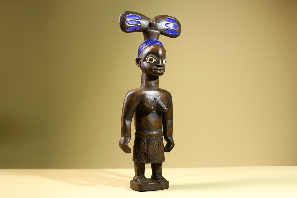 African Baule Mother-Child Statue Wood Figure Tribal Art with Blue Headdress-G5819