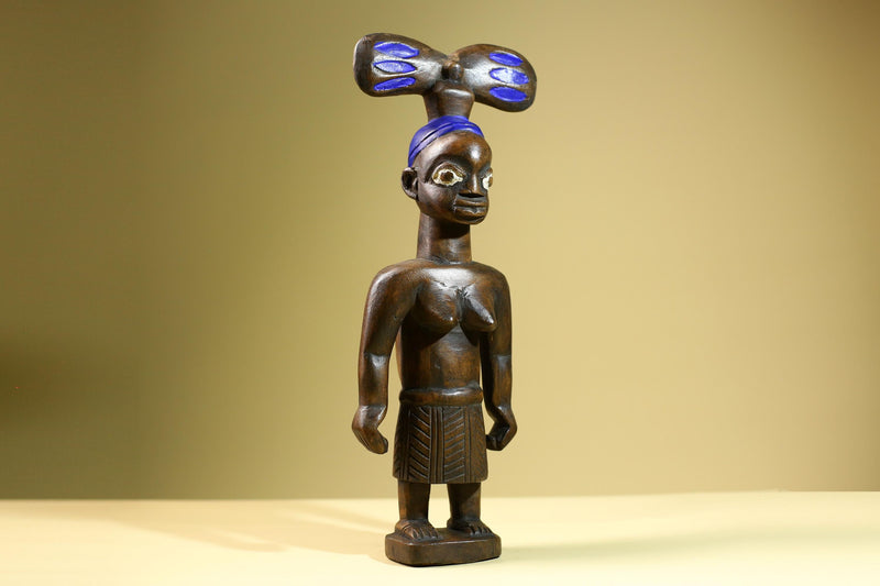 African Baule Mother-Child Statue Wood Figure Tribal Art with Blue Headdress-G5819