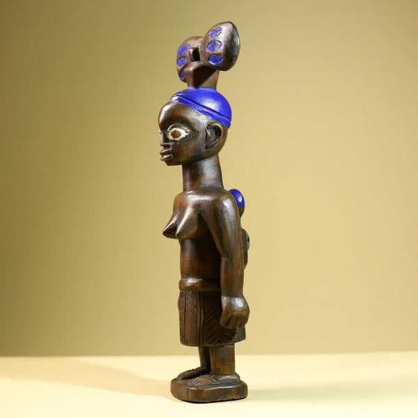 African Baule Mother-Child Statue Wood Figure Tribal Art with Blue Headdress-G5819