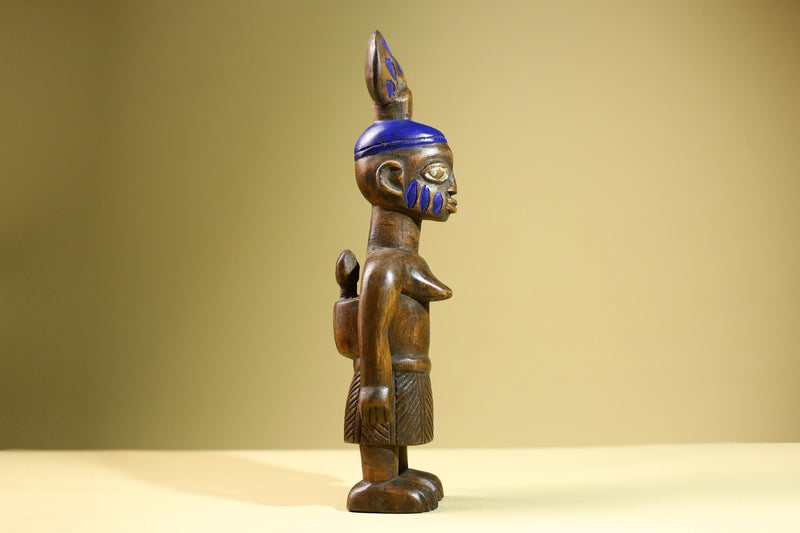 African Female Statue Tribal Mother Child Carved Wood Sculpture with Blue Headdress Handcrafted West African Figurine Art Decor-G5820