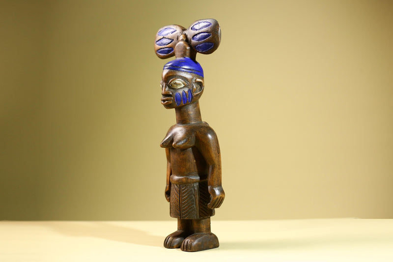 African Female Statue Tribal Mother Child Carved Wood Sculpture with Blue Headdress Handcrafted West African Figurine Art Decor-G5820