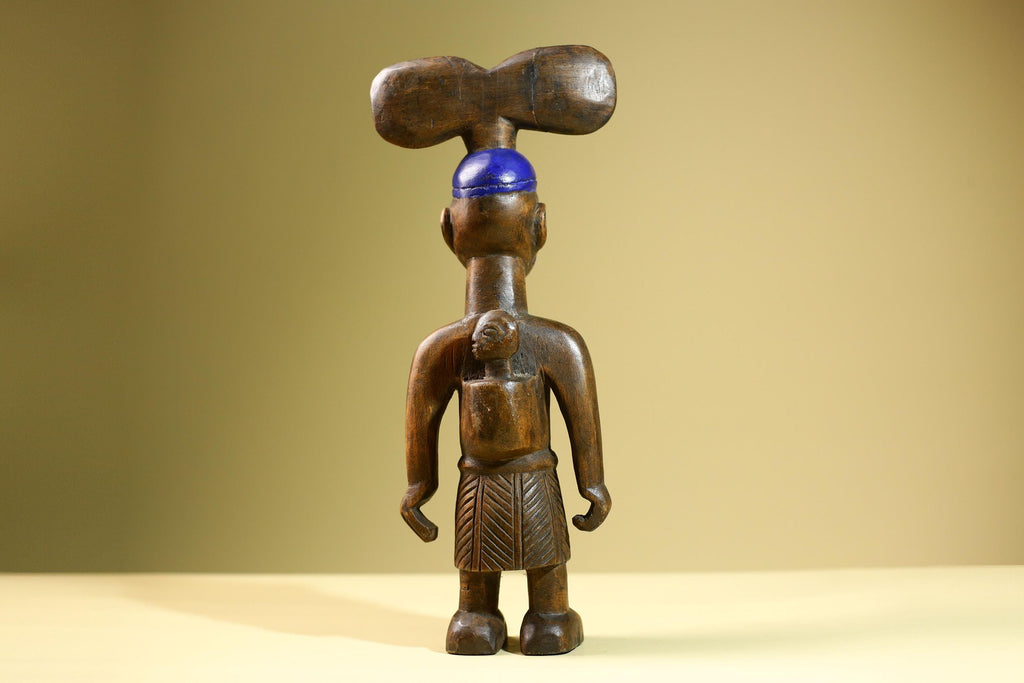 African Female Statue Tribal Mother Child Carved Wood Sculpture with Blue Headdress Handcrafted West African Figurine Art Decor-G5820