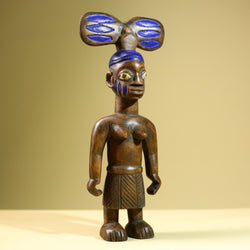 African Female Statue Tribal Mother Child Carved Wood Sculpture with Blue Headdress Handcrafted West African Figurine Art Decor-G5820