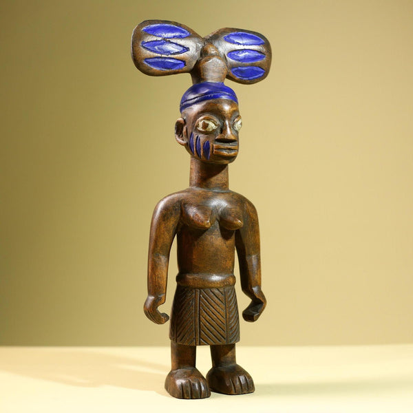 African Female Statue Tribal Mother Child Carved Wood Sculpture with Blue Headdress Handcrafted West African Figurine Art Decor-G5820