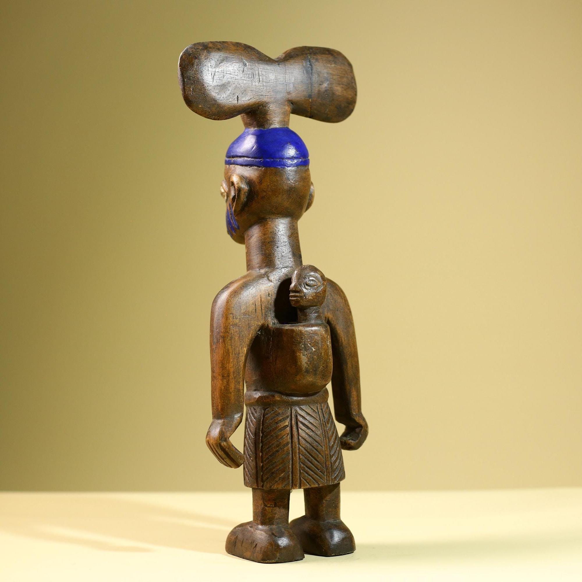 African Female Statue Tribal Mother Child Carved Wood Sculpture with Blue Headdress Handcrafted West African Figurine Art Decor-G5820
