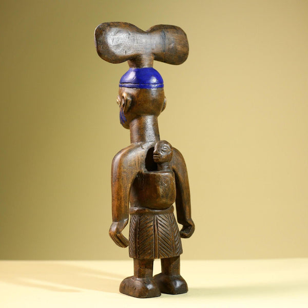 African Female Statue Tribal Mother Child Carved Wood Sculpture with Blue Headdress Handcrafted West African Figurine Art Decor-G5820