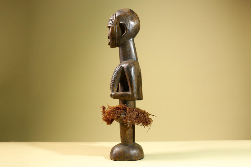 African Tribal Statue Hand Carved Wood Female Figure Sculpture with Raffia Skirt Authentic Vintage Ethnic Art Decor Collectible-G5823