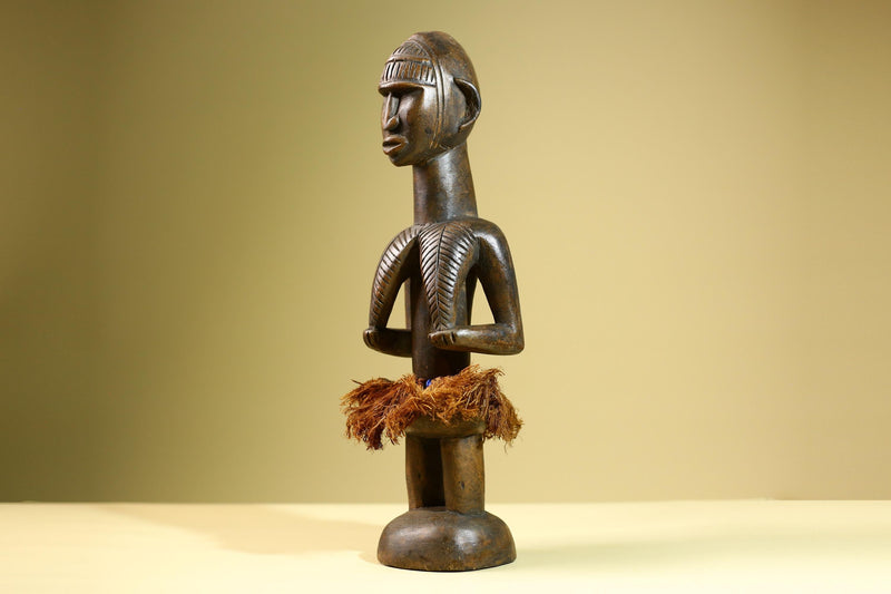 African Tribal Statue Hand Carved Wood Female Figure Sculpture with Raffia Skirt Authentic Vintage Ethnic Art Decor Collectible-G5823